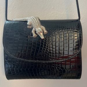 RARE FIND Vintage Elegant Black Crocodile-Embossed Bag with Silver Accent